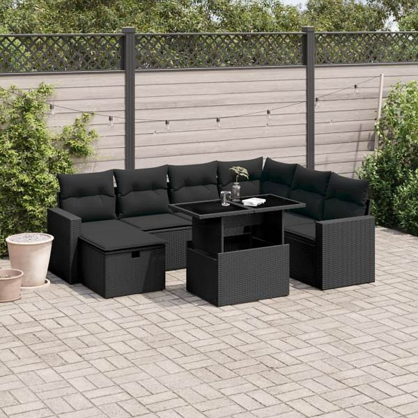 vidaXL 8-tlg. Garten-Sofagarnitur mit Kissen Schwarz Poly Rattan, UV-beständig, 3274835