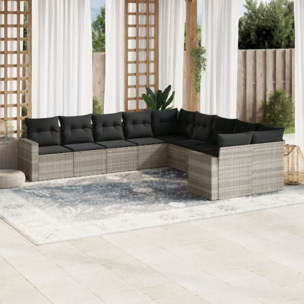 vidaXL 10-tlg. Garten-Sofagarnitur mit Kissen Hellgrau Poly Rattan, 3219502