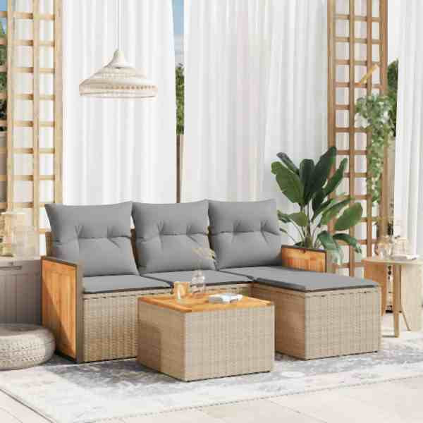 vidaXL 5-tlg. Garten-Sofagarnitur mit Kissen Beige Poly Rattan, UV-beständig, 3227592