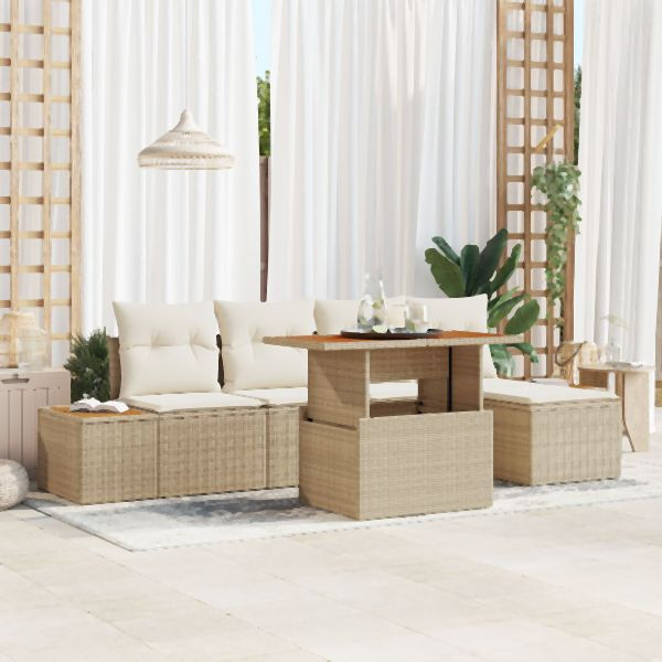 vidaXL Garten-Sofa-Set 6 Teile Beige, Creme Poly-Rattan, Polyester-Kissen, 3350063