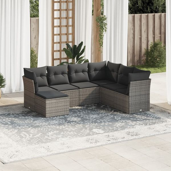 vidaXL 7-teilig Garten-Sofagarnitur mit Kissen Grau Poly Rattan, 3249829