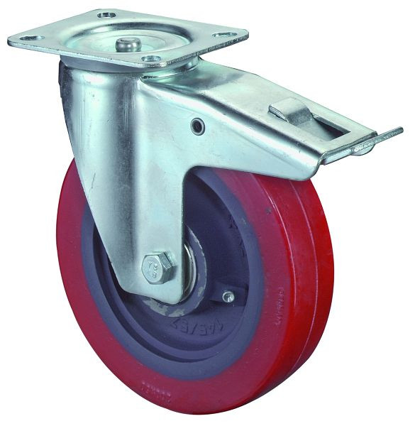 BS Rollen Transportrolle mit Feststeller, Breite 50 mm, Ø150 mm, bis 300 kg, Lauffläche Guss-Polyurethan, Radkörper Guss, Kugellager, L420.C11.150