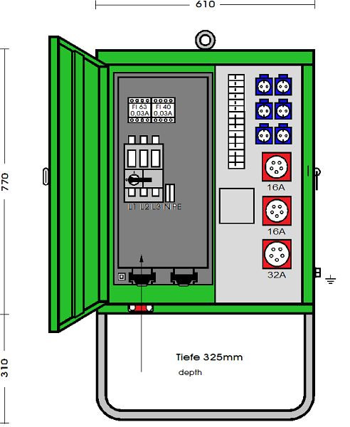 Elektra Tailfingen Verteilerschrank 44 kVA mit RCD Typ B und RCD Typ A, 3 CEE-Abgänge 16-32A und 6 Schutzkontakt-Steckdosen, V 63N/A/621-2, 183213