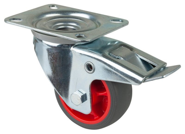 BS Rollen Transportrolle Lenkrolle mit Festeller, thermoplastisches Gummirad, Reifen grau, Rollenlager, Platte: 80 mm, VE: 4 Stück, L420.B44.081.03