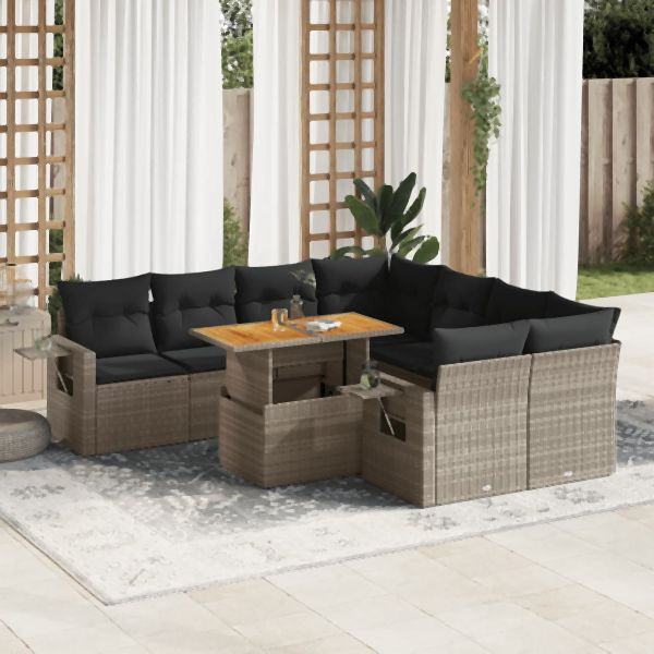 vidaXL 9-tlg. Garten-Sofagarnitur mit Kissen Grau Poly Rattan, 3327133