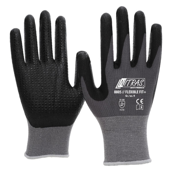 NITRAS FLEXIBLE FIT+, Strickhandschuhe, Spezial-Stretch-Strick, grau, Spezialbeschichtung mit Nitrilnoppen, schwarz, Größe: 10, VE: 144 Paar, 8805-10