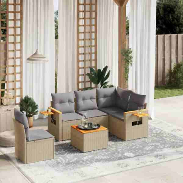 vidaXL 6-tlg. Garten-Sofagarnitur mit Kissen Beige Poly Rattan, UV-beständig, 3259224