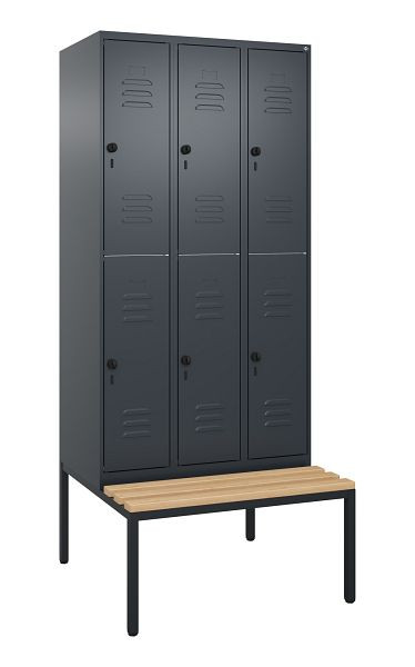 C+P Doppelstöckiger Spind Classic PLUS, 3 Abteile, 2120x900x815mm, 7016/7016, Drehriegel, Buche-Sitzleisten, mit untergebauter Sitzbank, 0803507-30 S10012