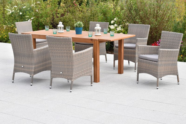 Merxx Teneriffa Set 13-teilig, 6 Sessel inkl. Sitzkissen, 1 Ausziehtisch 150 (200) x 90 cm, Akazienholz, grau-beige, 50902-257