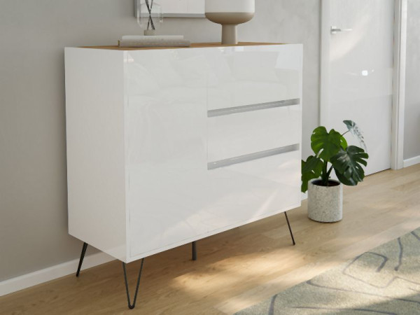 Posseik Sideboard Industrial L 100cm 3 Schubladen 1 Tür Weiß/Eiche Top, PN2089X0000059DE