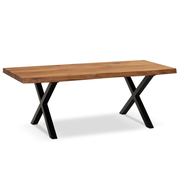 Wohnling Couchtisch 120x60x46 cm Akazie Massivholz/Metall Baumkante, Wohnzimmertisch Rechteckig, Kaffeetisch mit schwarzen Beinen in X-Form, WL7.283