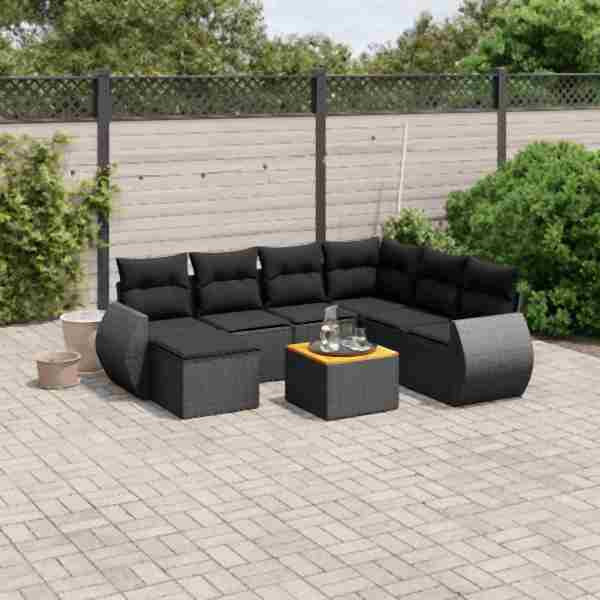 vidaXL 8-tlg. Garten-Sofagarnitur mit Kissen Schwarz Poly Rattan, UV-beständig, 3257448