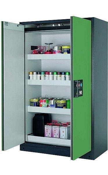 asecos Sicherheitsschrank Q-CLASSIC-90, Q90.195.120 in resedagrün RAL 6011 mit 3x Wannenboden Standard (Stahlblech), 30001-048-30007