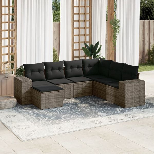 vidaXL 7-teilig Garten-Sofagarnitur mit Kissen Grau Poly Rattan, 3255237