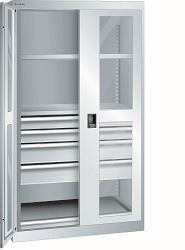 LISTA Schwerlastschrank 54x27E (BxTxH) 1100x641x1950mm CODE Lock, Lichtgrau, 4 Schubladen, 1 Auszugboden, 2 Verstellböden, Sichtfenstertür, 98.094.020.C