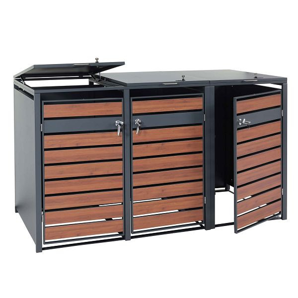 Mendler XL 3er/6er-Mülltonnenverkleidung HWC-J81, Mülltonnenbox, Metall 95kg anthrazit, Kirsche-Holzoptik dunkelbraun, 83421+83422+83423