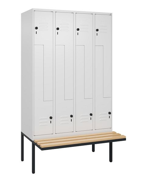 C+P Z-Spind Classic PLUS, Bank, 8 Abteile, 2120x1200x815mm, 9016/9016, Drehriegel, Buche-Sitzleisten, 0800437-408 S10014