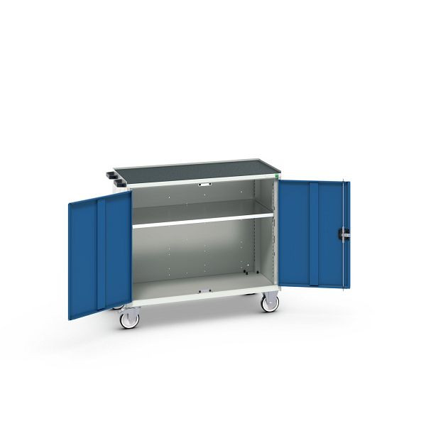 bott verso mobiler Schubladenschrank, mit 2 Türen, Fachboden und Abrollrand, BxTxH: 1050 x 550 x 965 mm, Lichtgrau / Enzianblau, 16927064.11