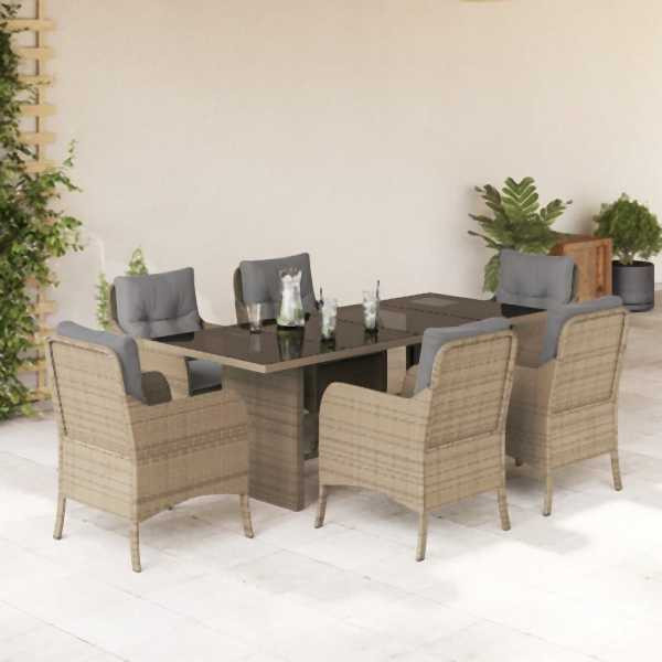 vidaXL 7-tlg. Garten-Essgruppe mit Kissen Beige Poly Rattan, UV-beständig, 3211888
