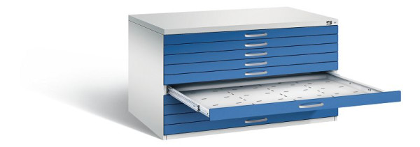 C+P Flachablageschrank Serie 7100_7200, H760xB1350xT960mm, Farbe: Lichtgrau / Enzianblau, Bügelgriff, 7201-000 S10230