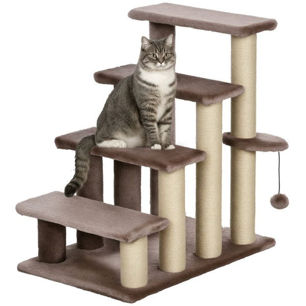 PawHut Haustiertreppe, Kratzbaum, 4-stufig, für Tiere bis 5 kg, 60x40x64cm, Braun, D06-093V00BN