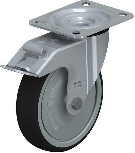 Blickle LE-PATH 125K-FI-FK Stahlblech-Lenkrolle mit Anschraubplatte & Feststeller, Thermoplastisches Polyurethan, Grau, 754481