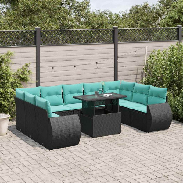 vidaXL 10-teiliges Gartensofa-Set mit Kissen, schwarzes Polyrattan, 3268737