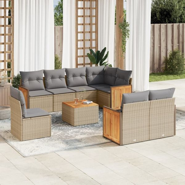 vidaXL 9-tlg. Garten-Sofagarnitur mit Kissen Beige Poly Rattan, 3227851