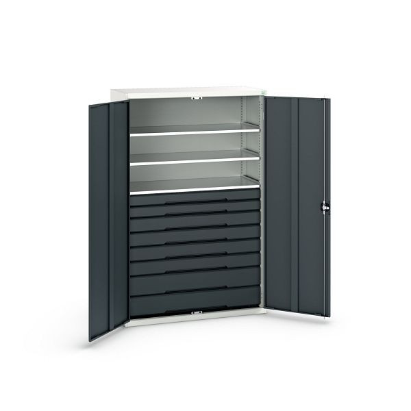 bott verso Flügeltürschrank mit Schubladen, mit 3 Fachböden und 8 Schubladen, BxTxH: 1300 x 550 x 2000 mm, Lichtgrau / Anthrazitgrau, 16926657.19