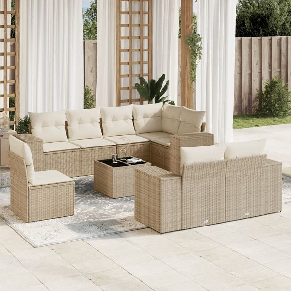 vidaXL 9-teilig Garten-Sofagarnitur mit Kissen Beige Poly Rattan, 3222847