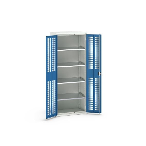 bott verso Flügeltürschrank mit Belüftung, mit 4 Fachböden, BxTxH: 800 x 550 x 2000 mm, Lichtgrau / Enzianblau, 16926743.11