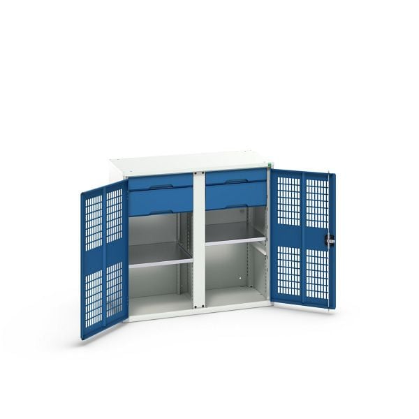 bott verso Garderobenschrank mit Belüftung, mit 2 Fachböden, 4 Schubladem, Trennwand, BxTxH: 1050 x 550 x 1000 mm, Lichtgrau / Enzianblau, 16926764.11