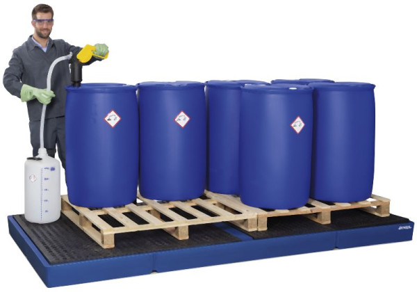 DENIOS Auffangwanne aus Polyethylen (PE) für 10 Fässer à 200 Liter, mit Gitterrost, 328314