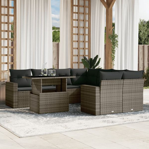 vidaXL 9-teilig Garten-Sofagarnitur mit Kissen Grau Poly Rattan, 3267170