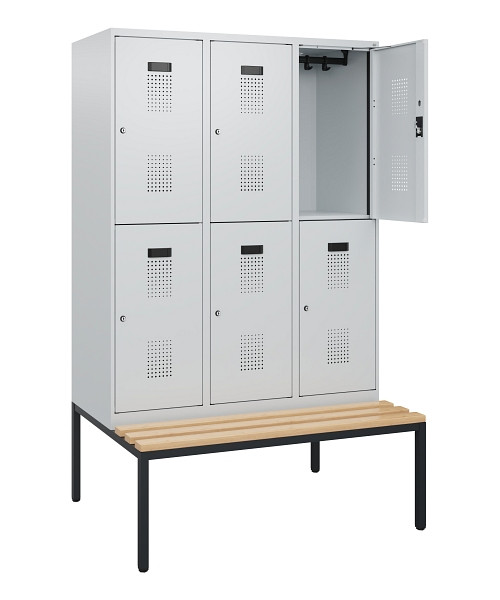 C+P Doppelstöckiger Spind Evolo PLUS, Bank, 6 Fächer, 1950x1200x815mm, 7035/7035, Zylinderschloss, Sitzfläche Buche-Hartholz, Sitzbank, 0493505-32 S10040