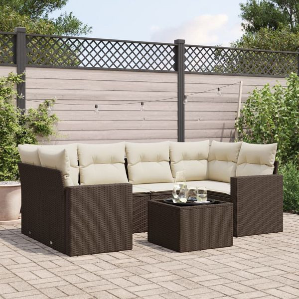 vidaXL 7-tlg. Garten-Sofagarnitur mit Kissen Braun Poly Rattan, 3251060