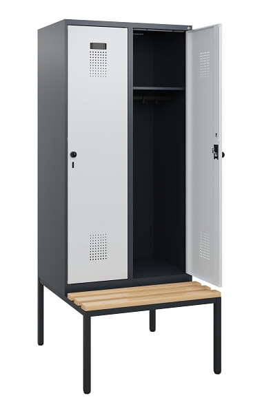 C+P Spind Evolo PLUS, 2 Abteile, 1950x800x815mm, 7016/7035, Drehriegel, Sitzfläche Buche-Hartholz, Sitzbank, 0490505-22 S10017
