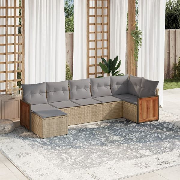 vidaXL 7-teilig Garten-Sofagarnitur mit Kissen Beige Poly Rattan, 3260274