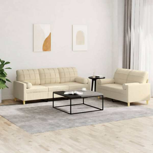 vidaXL 2-tlg. Sofagarnitur mit Kissen Creme Stoff, 3201324