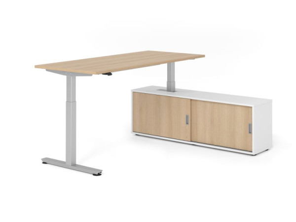 Hammerbacher Schreibtisch XMST19, 180x80cm, Platte: Eiche, T-Fuß Gestell Silber, Höhe: 71 - 120 cm, Weiß / Eiche, VXMST19SB/E/S/W/E