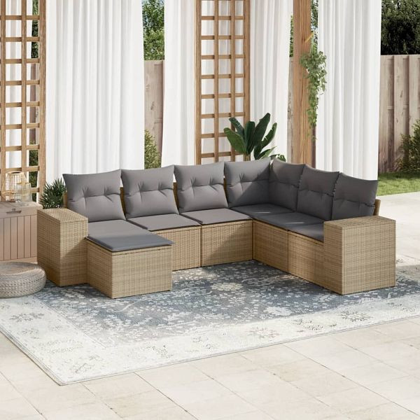 vidaXL 7-teilig Garten-Sofagarnitur mit Kissen Beige Poly Rattan, 3222898