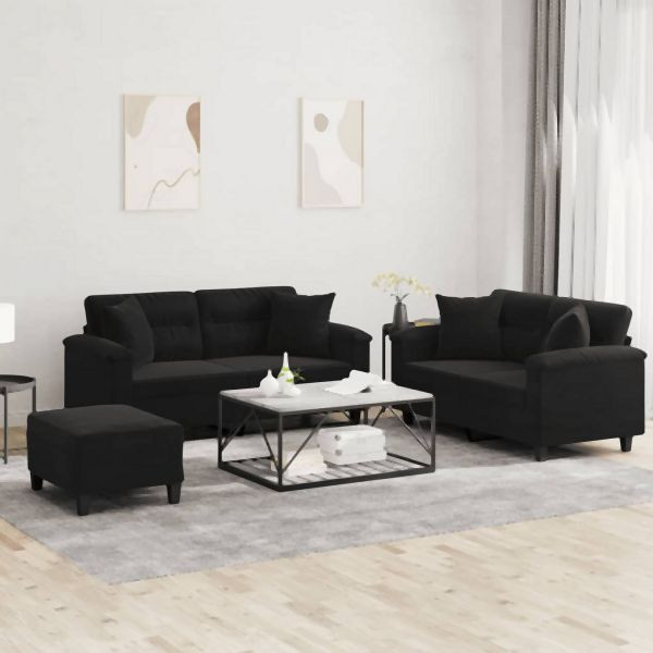 vidaXL 3-teilig Sofagarnitur mit Kissen Schwarz Mikrofasergewebe, 3202335