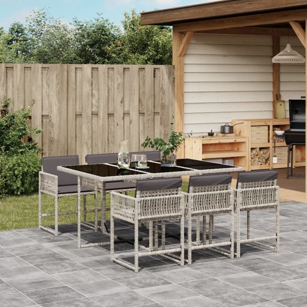 vidaXL 7-tlg. Garten-Essgruppe mit Kissen Hellgrau Poly Rattan, 3211451