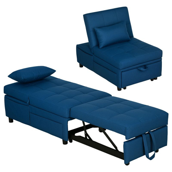 HOMCOM 3-in-1 Klappsessel mit Seitentasche, Gästebett mit Kissen, Verstellbarer Rückenlehne, Bettsessel mit Rollen, Blau, 839-858V00BU