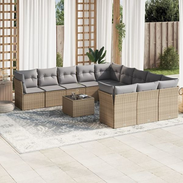 vidaXL 12-teilig Garten-Sofagarnitur mit Kissen Beige Poly Rattan, 3250258