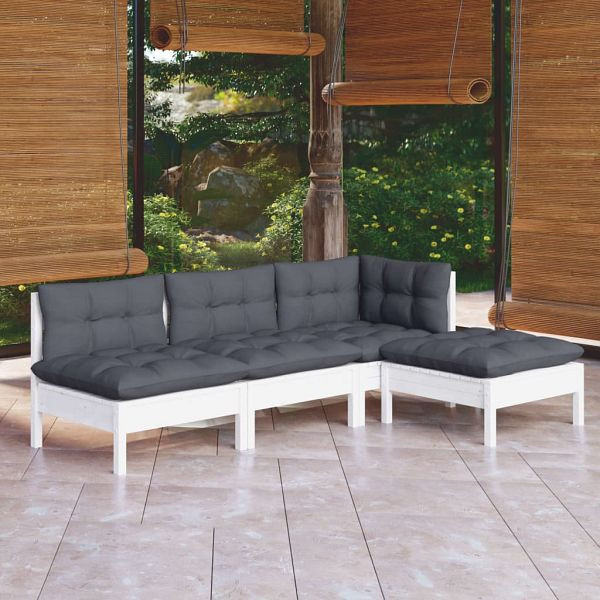 vidaXL 4-teilig Garten-Lounge-Set mit Kissen Weiß Kiefernholz, 3096299