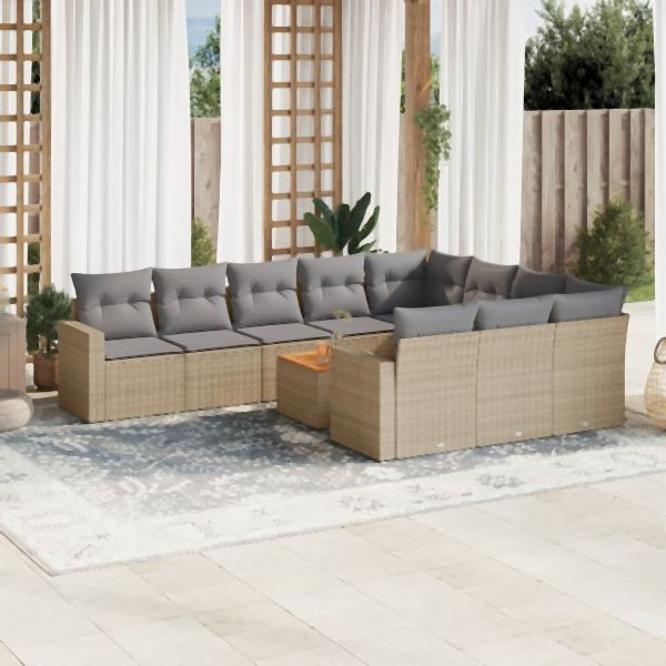 vidaXL 11-tlg. Garten-Sofagarnitur mit Kissen Beige Poly Rattan, 3256633