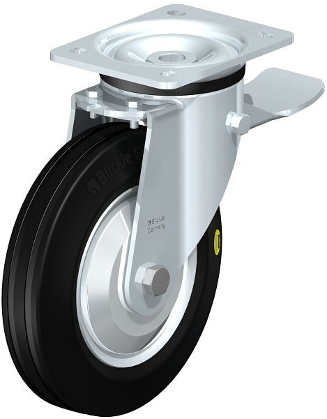 Blickle LK-RD 200K-ST-FA Stahlblech-Lenkrolle, schwere Ausführung, mit Anschraubplatte & Feststeller, Zweikomponenten-Vollgummi, Schwarz, 11718