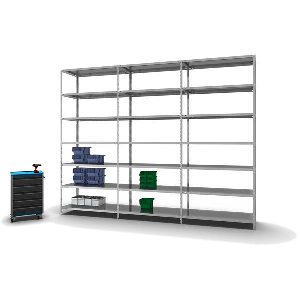 hofe Fachboden-Grundregal, 3000x600x1300 mm, 7 Fachebenen, verzinkt, 125 kg Fachlast, 875 kg Feldlast, zweiseitige Bedienung, WZG30613L