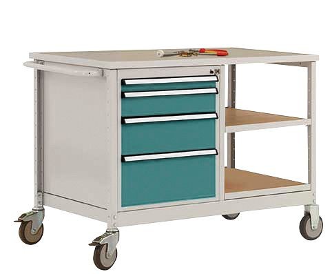 Manuflex Mobile Werkbank Modell 1 mit geölter Multiplex-Abdeckplatte 30 mm BxTxH 1135 x 590 x 810 mm, wasserblau, MW2001.5021